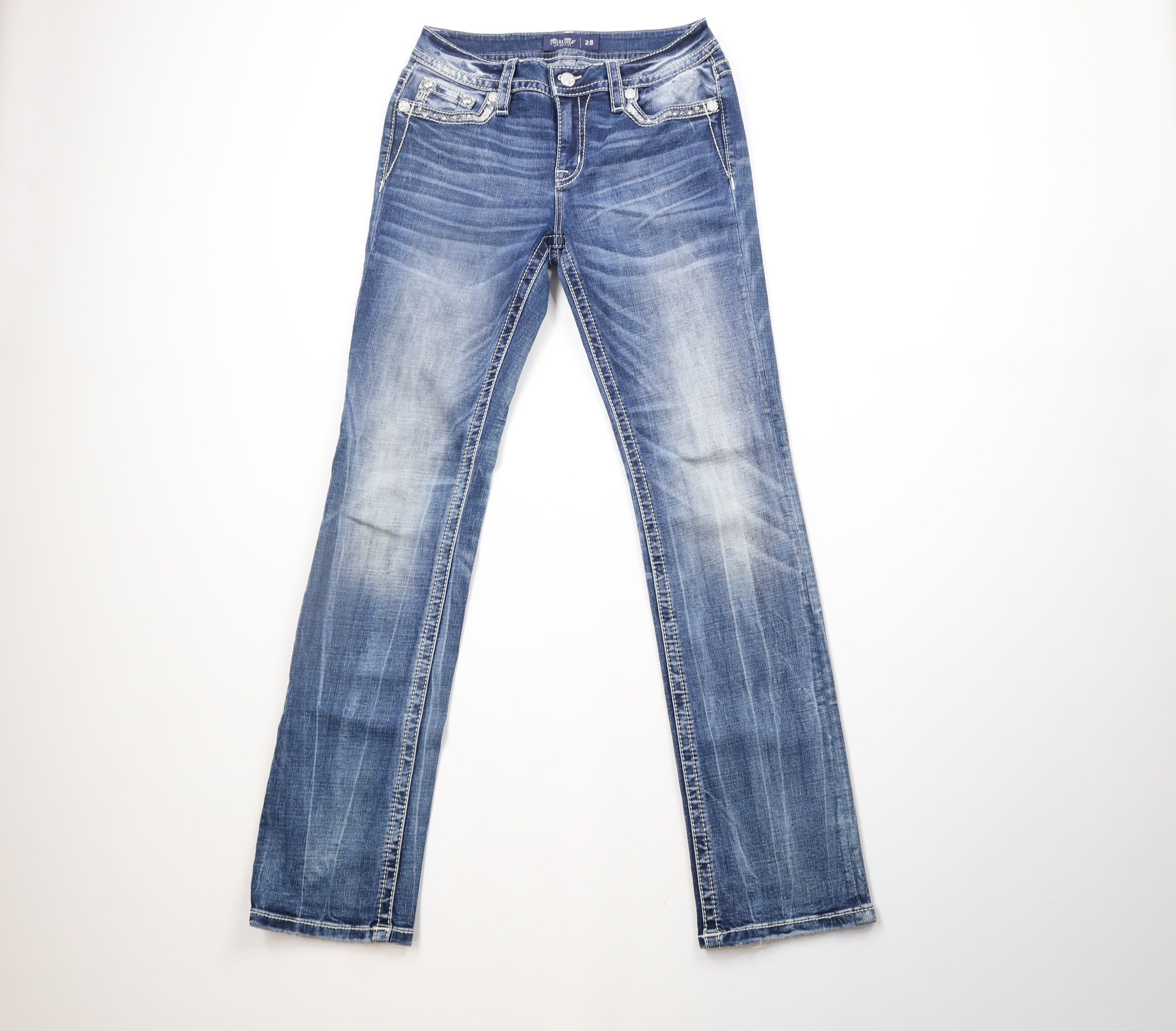 Miss Me Jeweled Sequin Mid Rise Straight Leg Denim Jeans