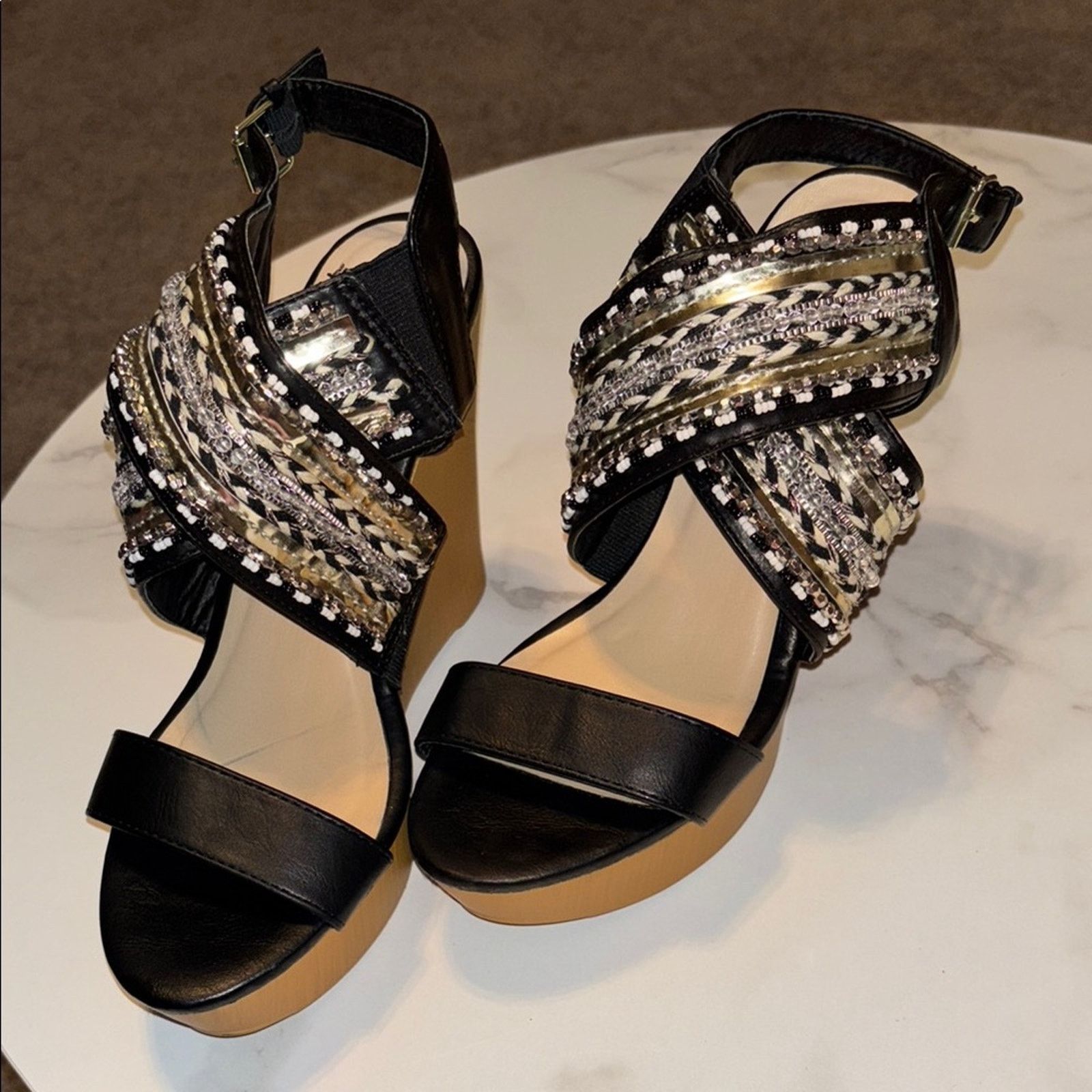 The Unbranded Brand Just Fab Black/Gold Embellished Wedges Size 8.5 Size US 8.5 / IT 38.5 - 1 Thumbnail