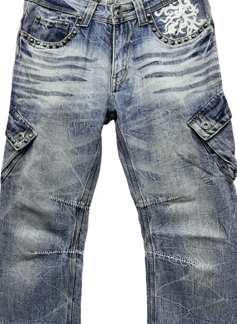 Seditionaries Distressed Studded Tribal Tattoo Slanted Pocket Denim Cargo Size US 31 - 7 Thumbnail