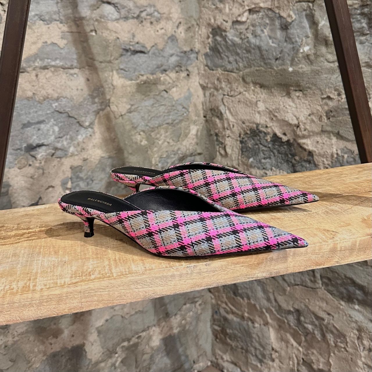 Balenciaga Balenciaga Pink Plaid Knife Kitten Heeled Pointy Mules Size US 5 / IT 35 - 1 Thumbnail