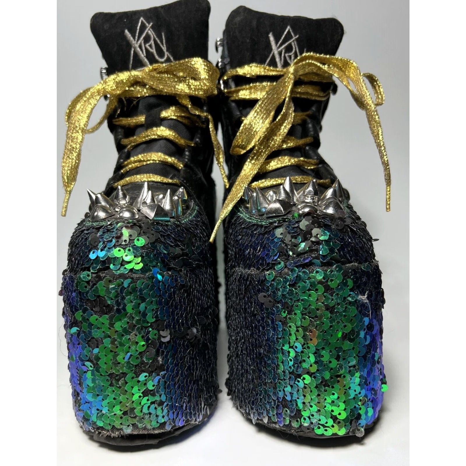 Vintage YRU Qozmo High Top Platform Boots Women's 7 Black Blue Green Sequin Studded Punk Gothic 80s Size M / US 6-8 / IT 42-44 - 5 Thumbnail
