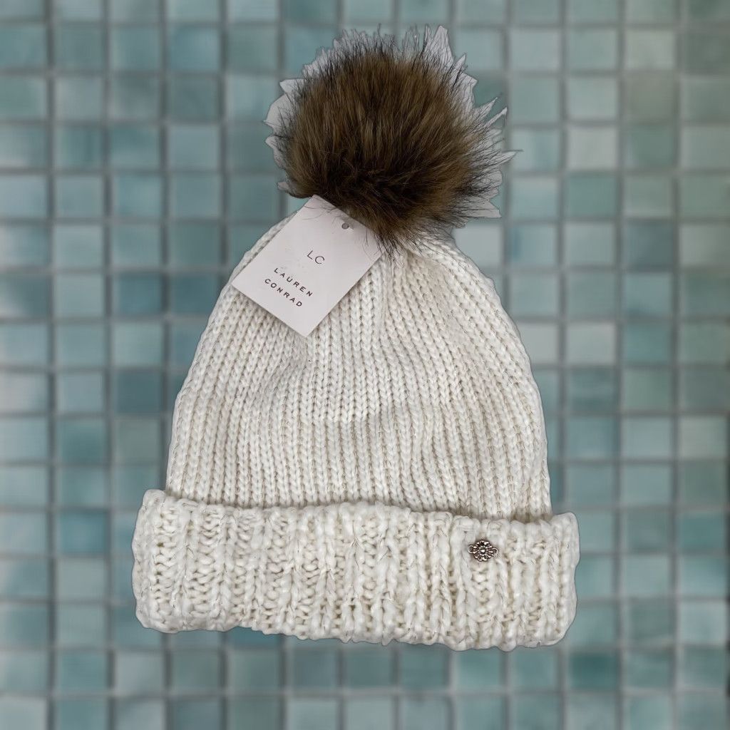 Lauren Conrad Lauren Conrad HaT Beenie Stocking Hat Ivory One Size Fur Trim Knit Accessories Women City Outdoor Ski Winter Size ONE SIZE - 1 Thumbnail