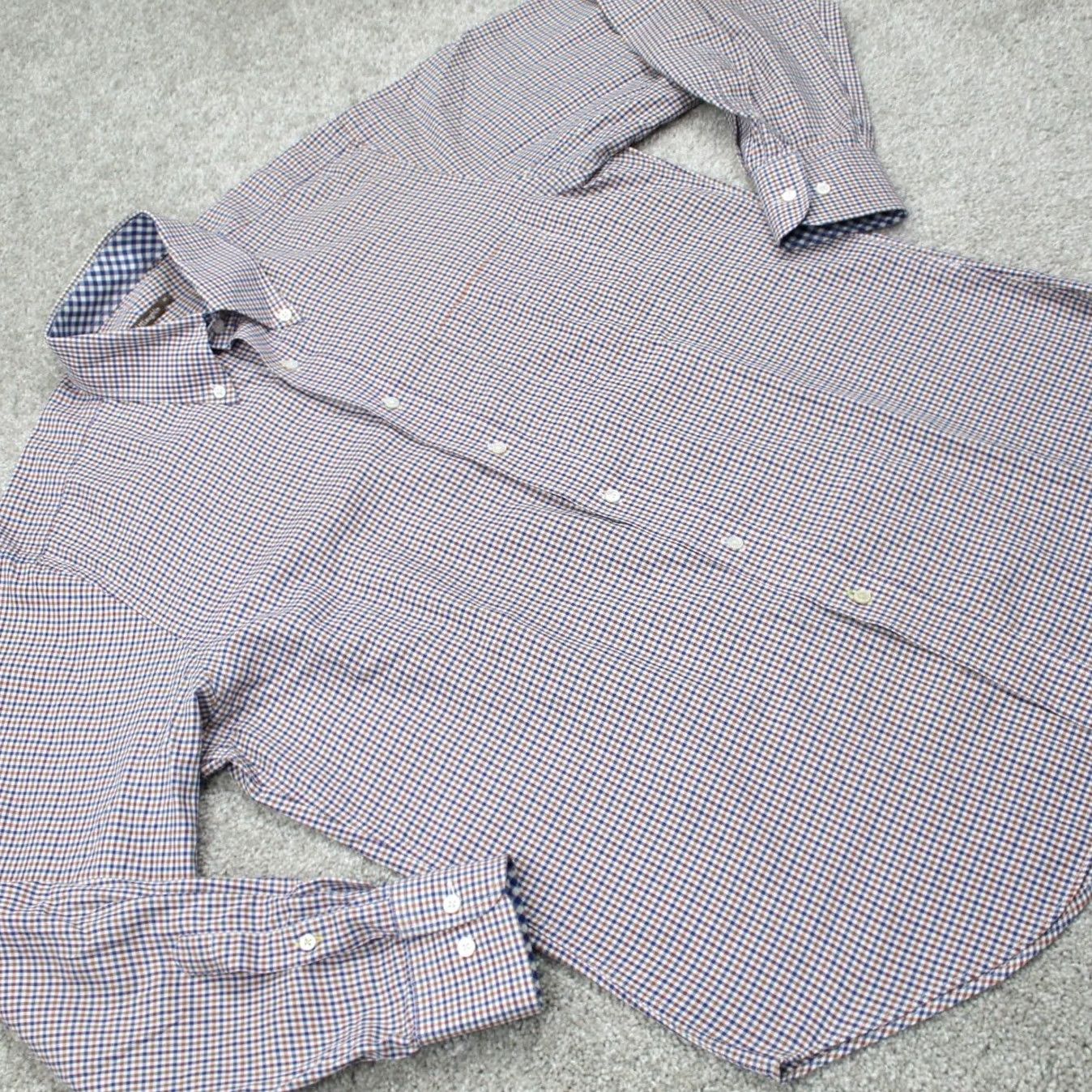 J.McLaughlin J McLaughlin Shirt Mens Medium Blue/Orange Flip Cuff Long Sleeve Button-Up Plaid Cotton Classic Preppy Modern Comfort Men’s Regular Blue Size US M / EU 48-50 / 2 - 7 Thumbnail