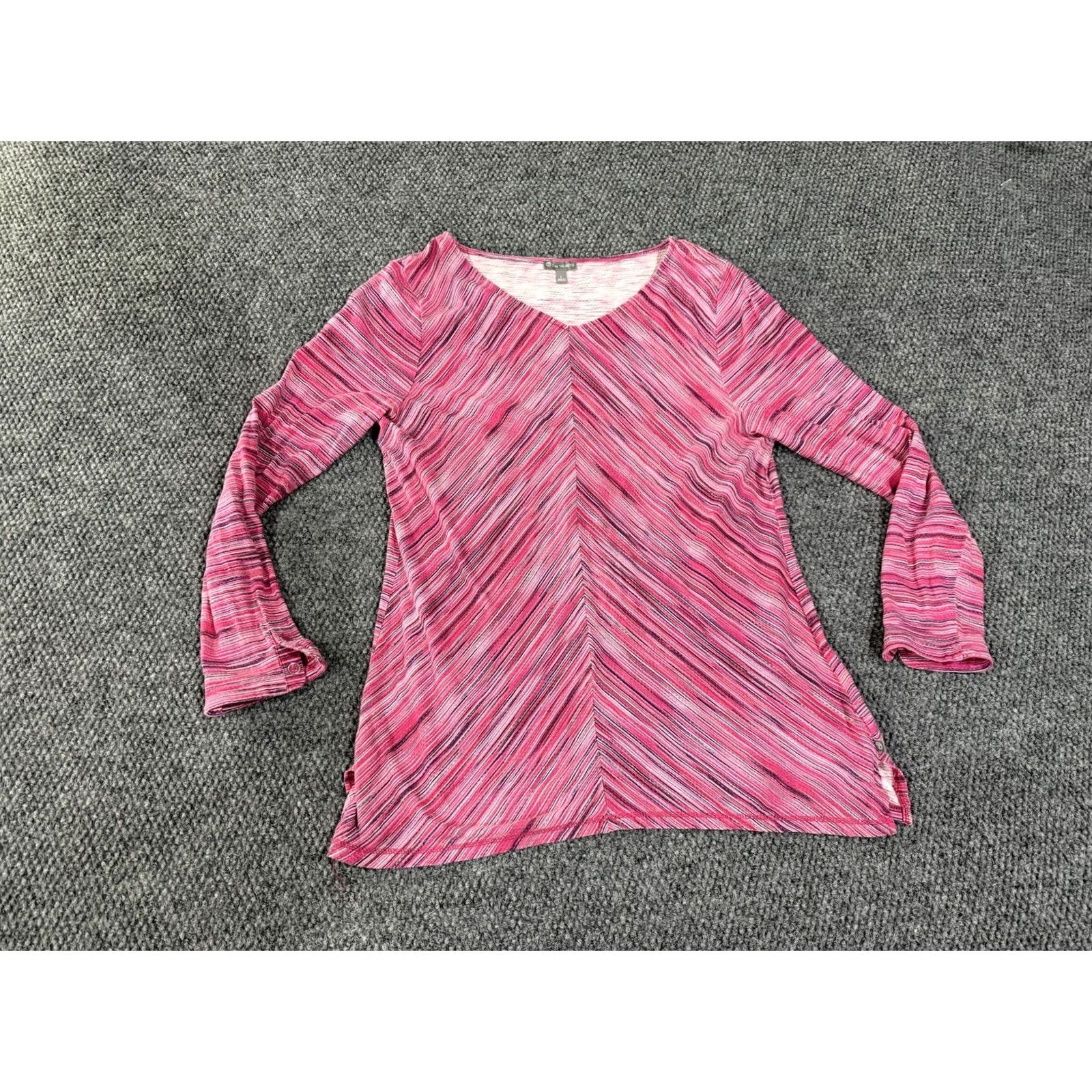 Talbots T by Talbots Shirt Womens Large Pink Striped V-Neck Bell Sleeve Tunic Top Size L / US 10 / IT 46 - 2 Thumbnail