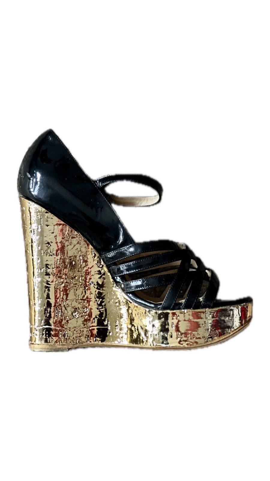 Yves Saint Laurent Black Leather Straps Gold Cork Wedge
