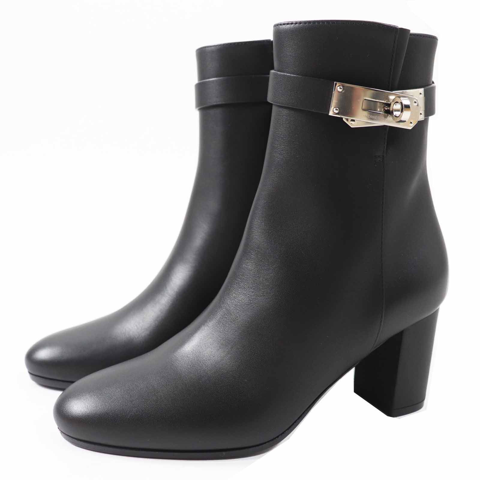 Hermes Hermes Saint Germain Kelly Metal Leather Short Boots Leather Shoes in Black, Women's