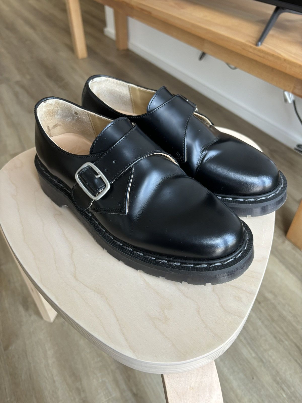 Solovair Black Hi-Shine Single Buckle Monk Shoe