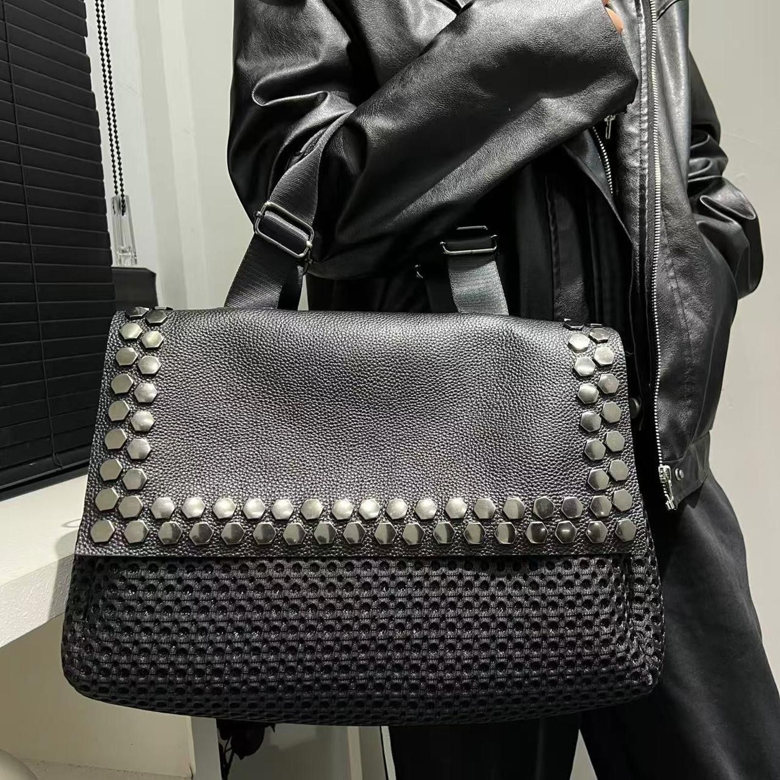 Vintage Black Studded Textured Handbag, Leather Accent Tote Size ONE SIZE - 2 Thumbnail