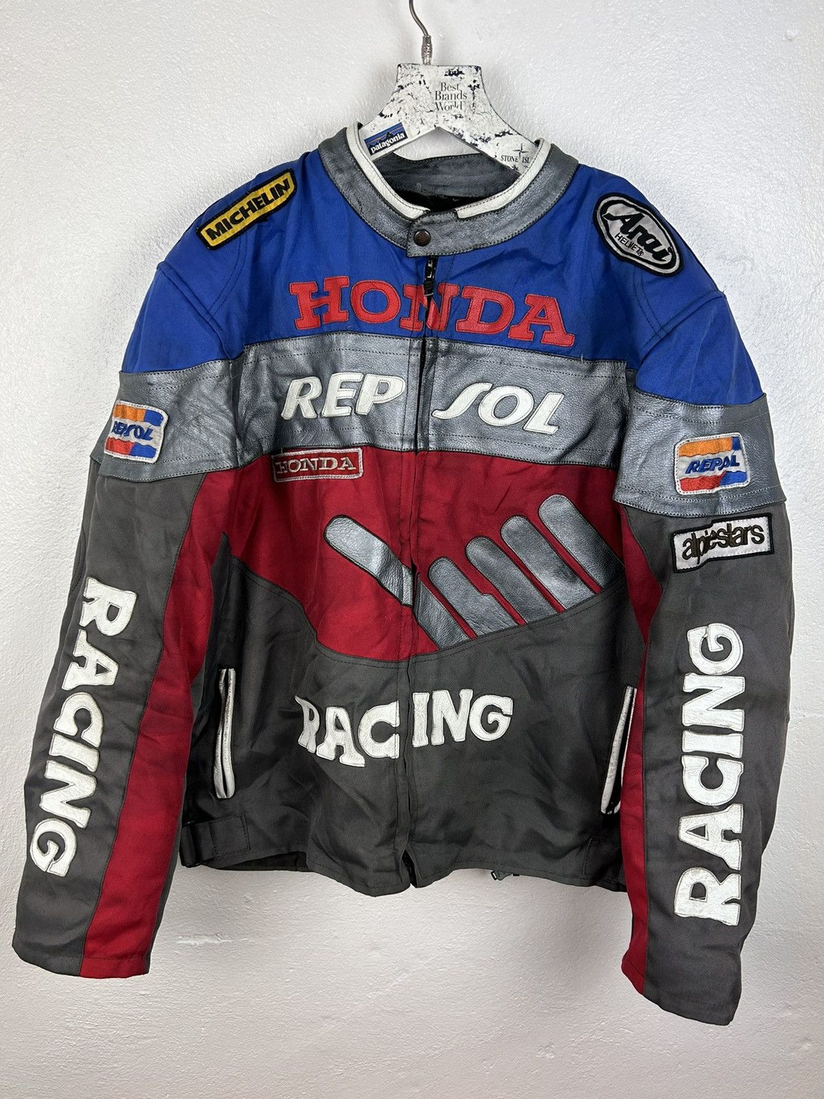 image of 90's Vintage Honda Repsol Retro Racing Leather Jacket, Men's (Size XL)