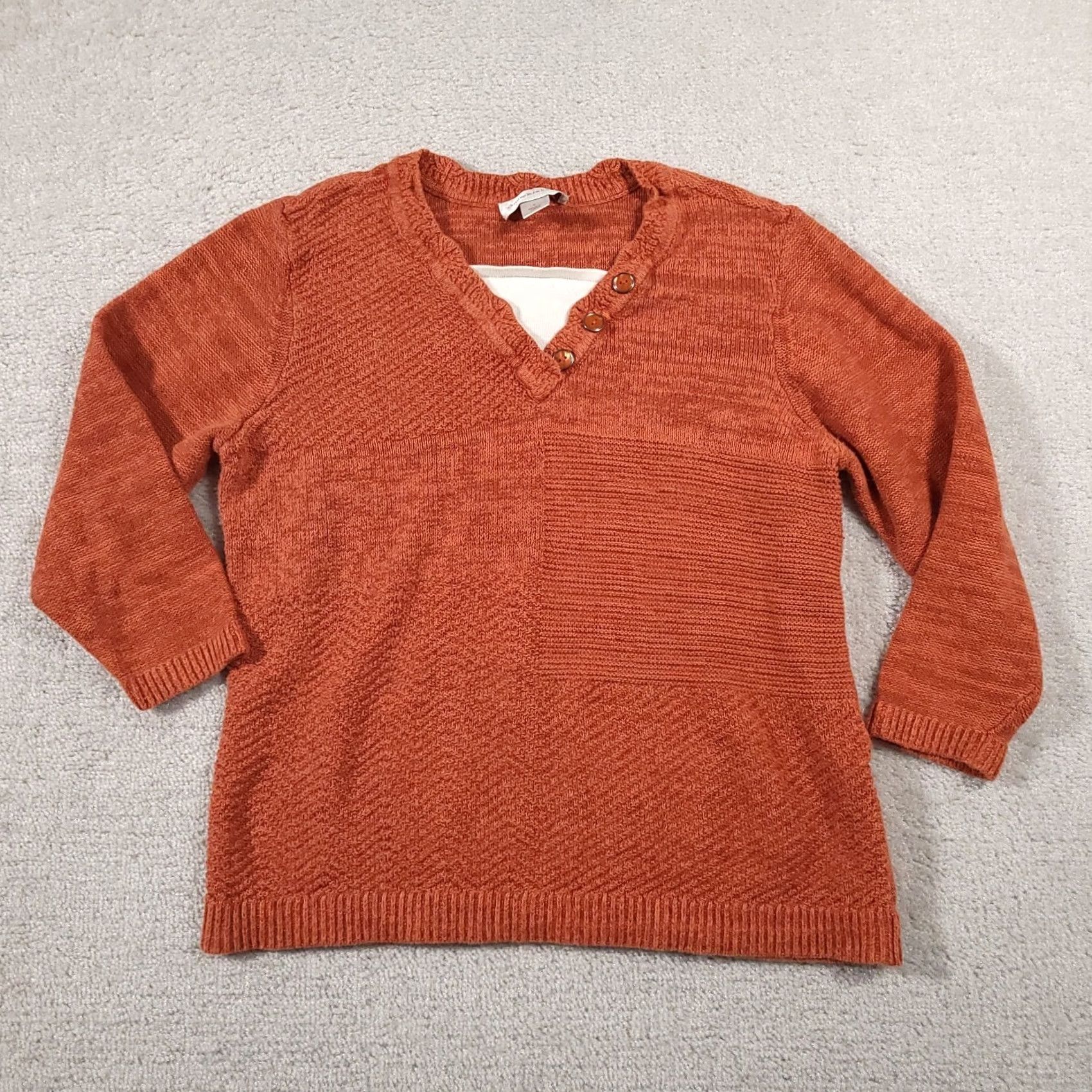 Vintage Christopher & Banks Sweater Women’s Large Orange 3/4 Sleeve V-Neck Knit Size L / US 10 / IT 46 - 2 Thumbnail