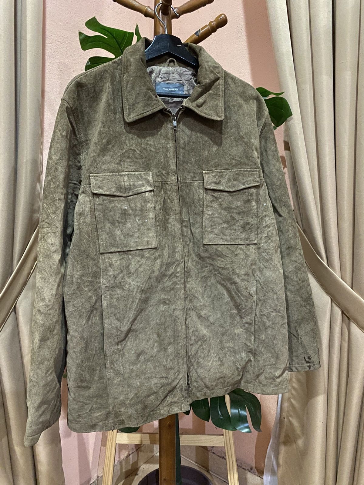 Pull & Bear Vintage Pull & Bear Olive Green Suede Leather Jacket Size US L / EU 52-54 / 3 - 3 Thumbnail