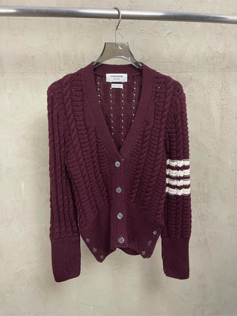 Thom Browne Thom browne Burgundy four-striped wool cardigan jacket 2504 Size S / US 4 / IT 40 - 1 Thumbnail