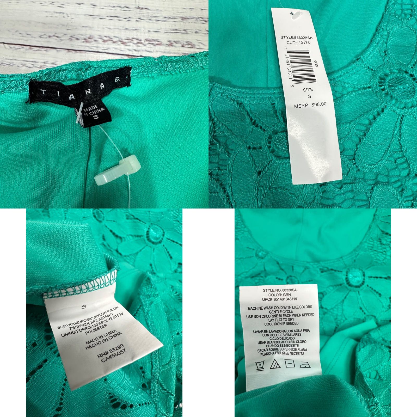 Vintage Tiana B Womens Short Sleeve Lace Overlay Dress Sz S Green Lined Sheath Knee Length New Size 28" / US 6 / IT 42 - 8 Thumbnail