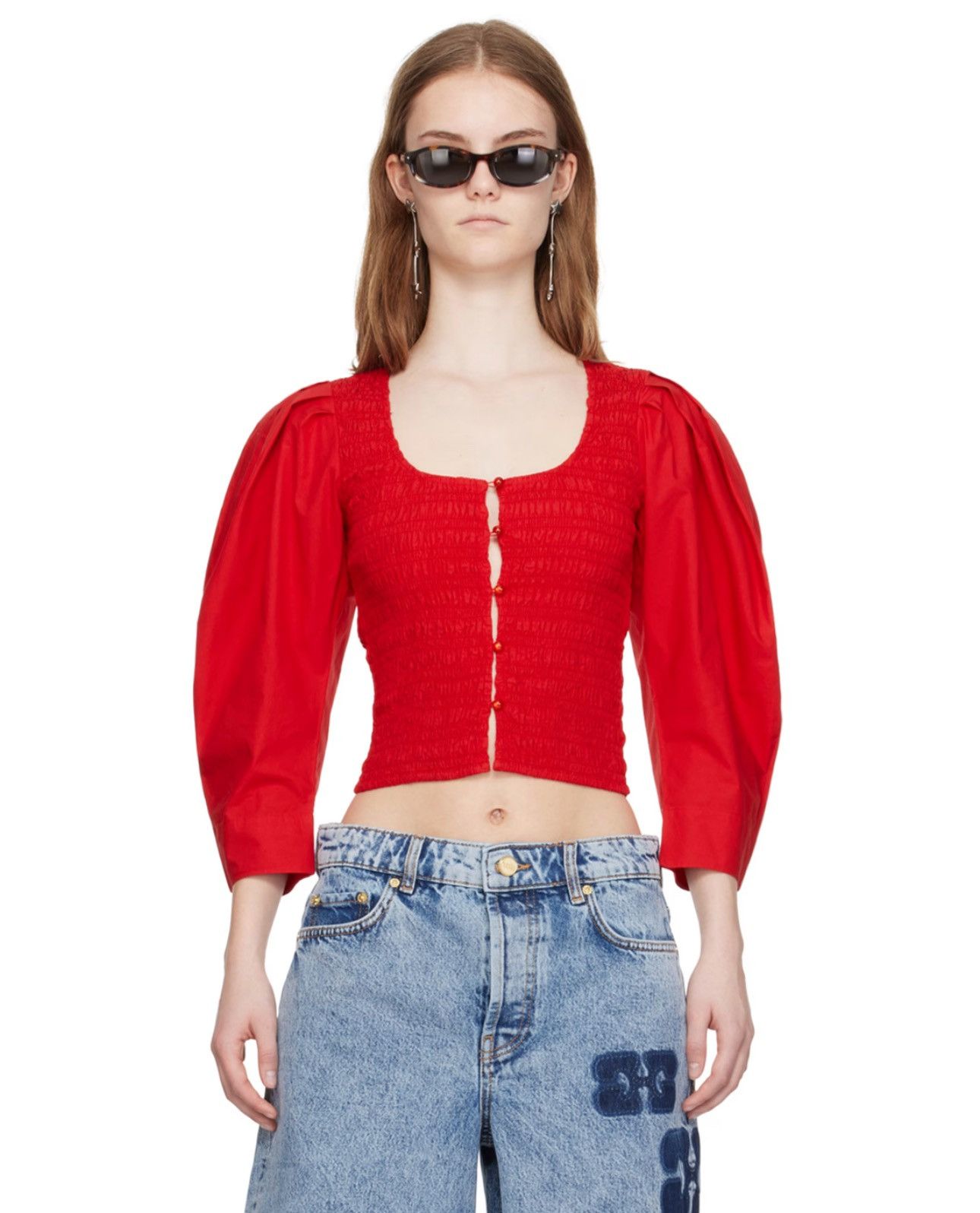 Ganni GANNI Red Smocked Blouse Size S / US 4 / IT 40 - 1 Thumbnail
