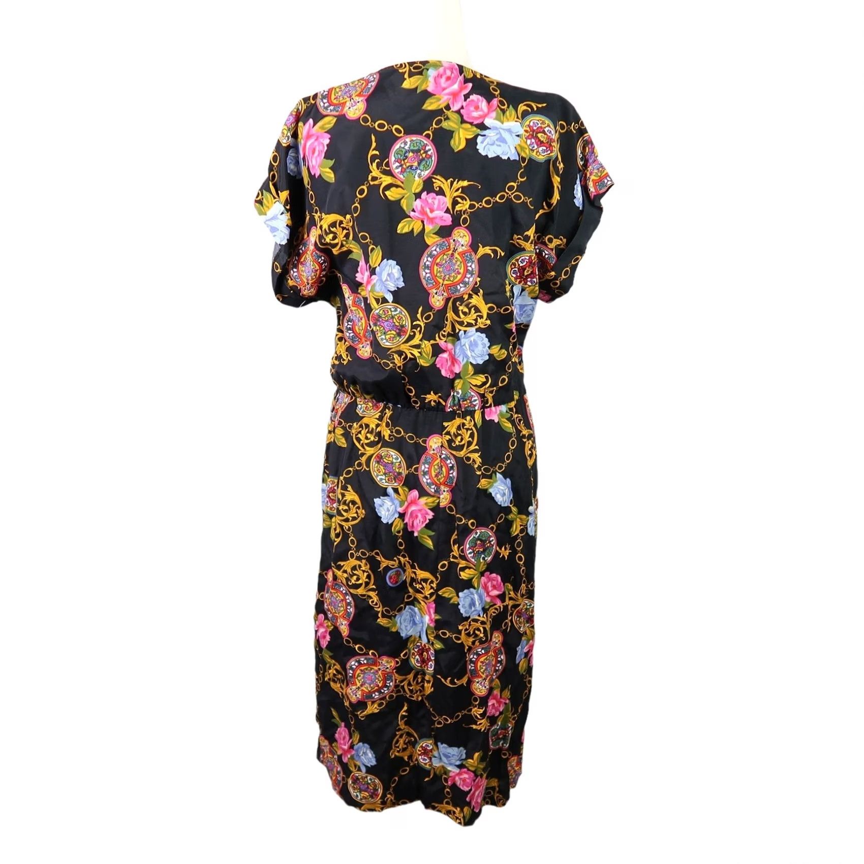 Vintage VINTAGE Laine Shirt Dress Midi 8 Black Pink Rose Floral Chain Print 80s Bohemian Short Sleeve Pockets Size M / US 6-8 / IT 42-44 - 4 Thumbnail