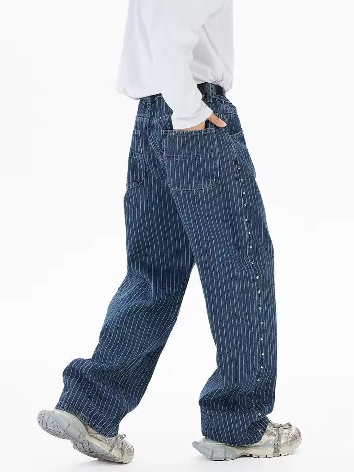 Jean Streetwear Designer Striped Rhinestone Baggy Jeans Size US 31 - 5 Thumbnail