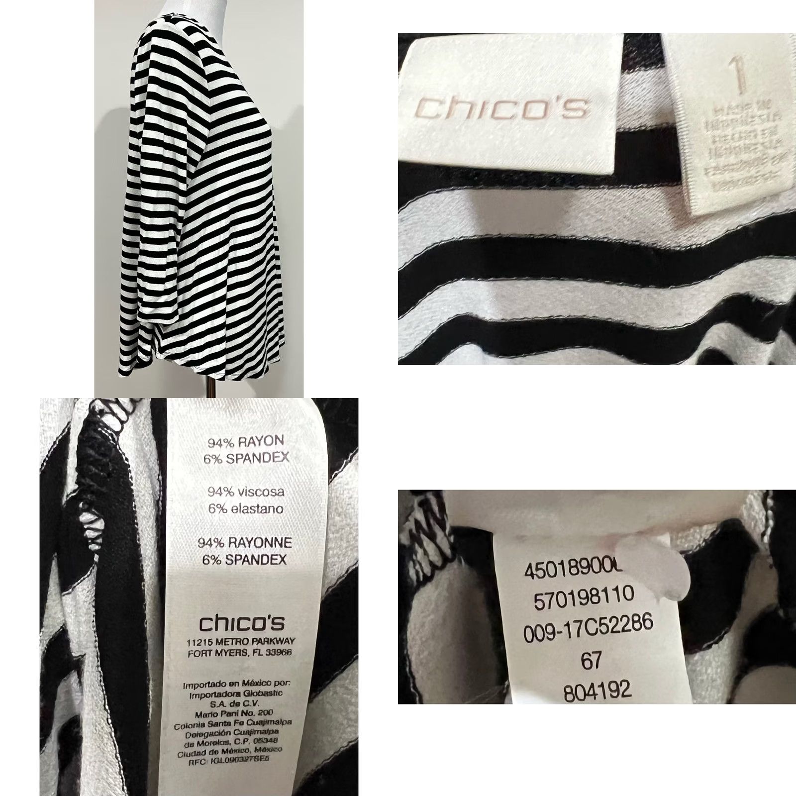 Vintage Chico's Striped Knit Top Criss Cross Neckline 3/4 Sleeve Black White Sz 1 (M-8) Womens Blouse Stretch Size M / US 6-8 / IT 42-44 - 8 Thumbnail