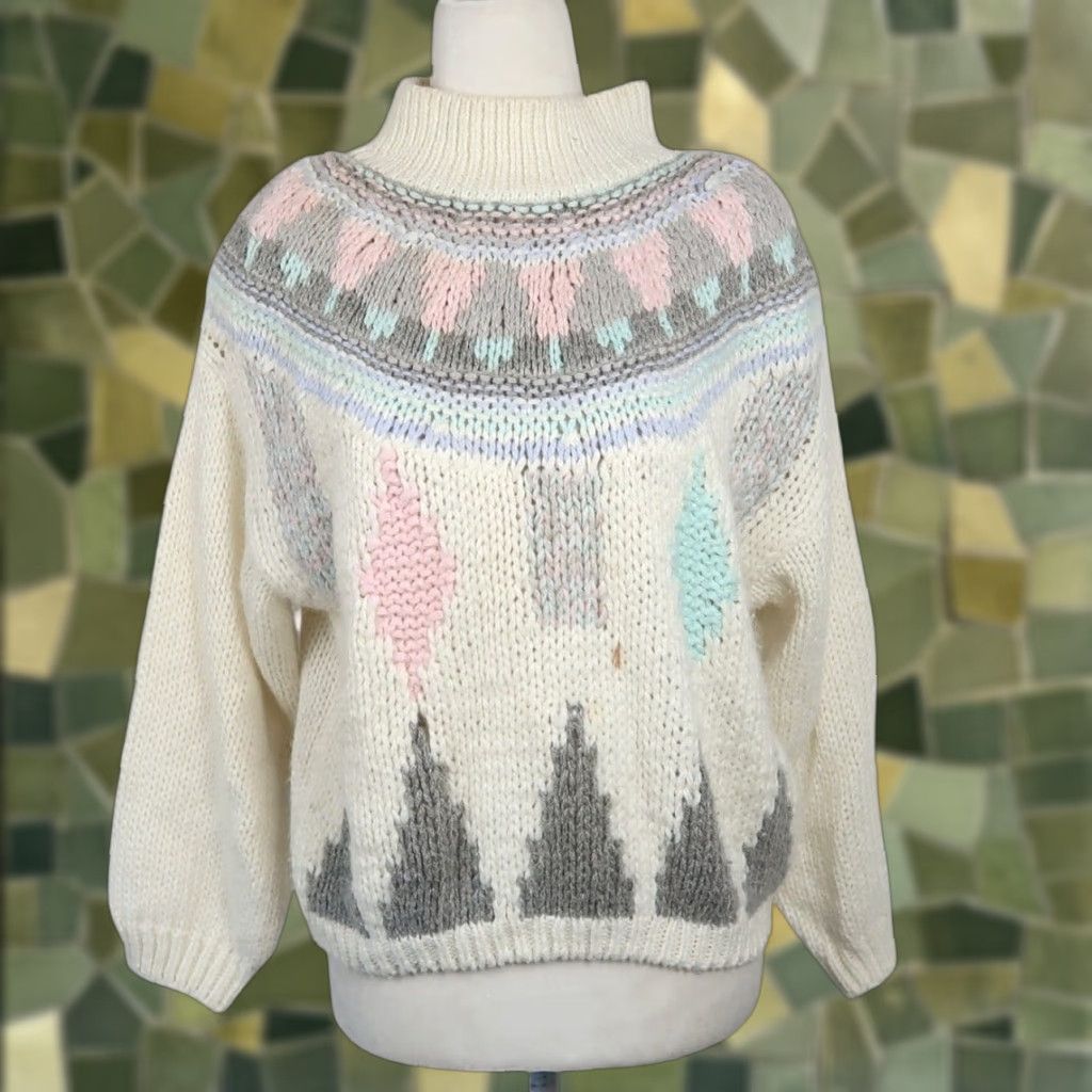 Vintage VINTAGE Jamie Scott Cream Geometric Handknit Sweater S Woman Pullover Mock Neck Fair Isle 80s 90s Casual Long Sleeve Knits Size S / US 4 / IT 40 - 1 Thumbnail
