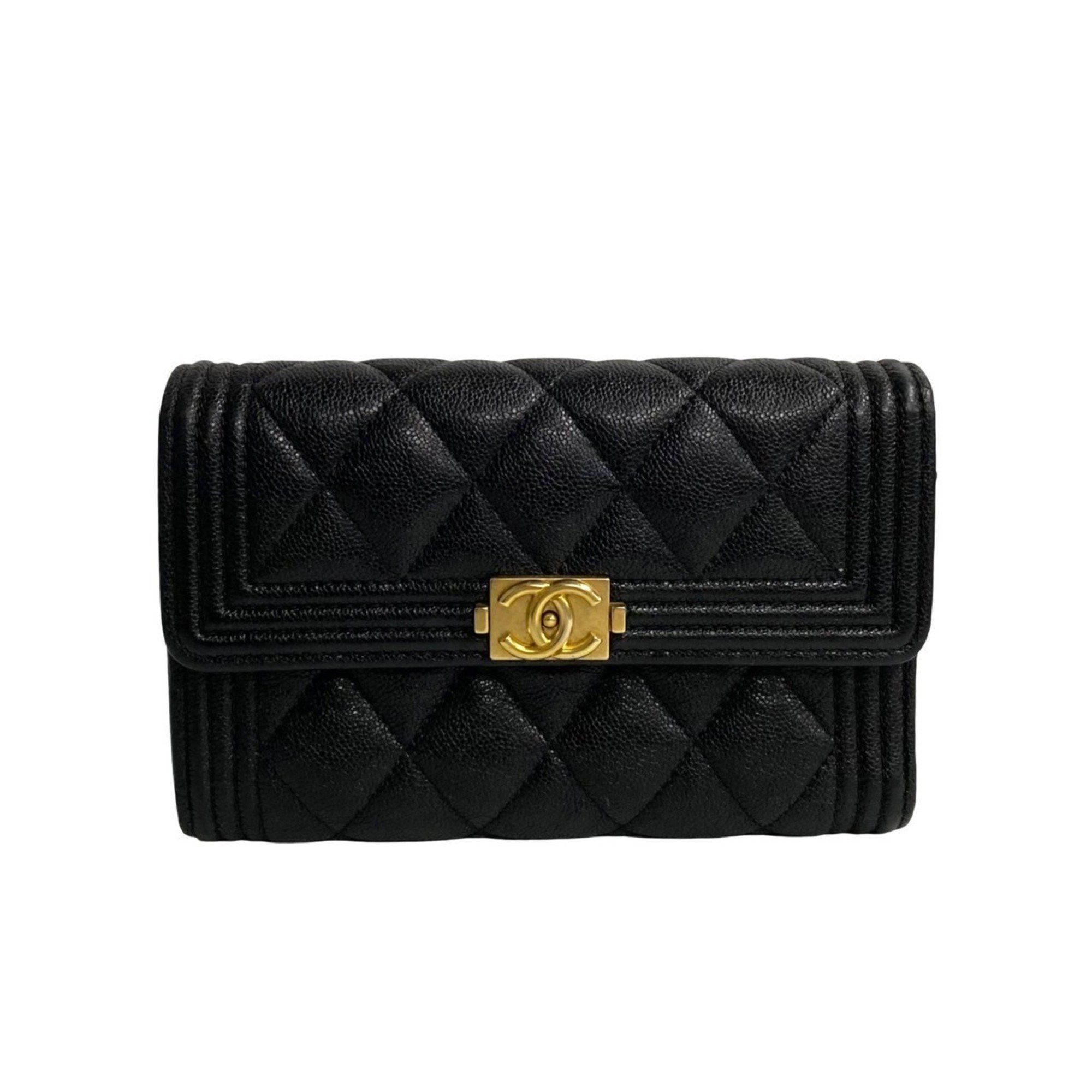 image of Chanel Boy Chanel Matelasse Caviar Skin Leather Bi-Fold Wallet 90506 in Black, Women's