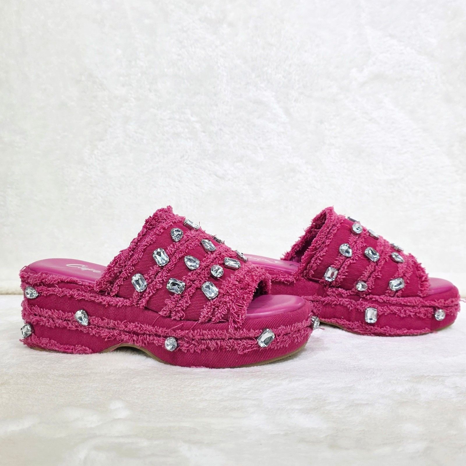 Other Hipster Denim Distressed Frayed Trim Rhinestone 2" Flatform Size US 11 / IT 41 - 5 Thumbnail