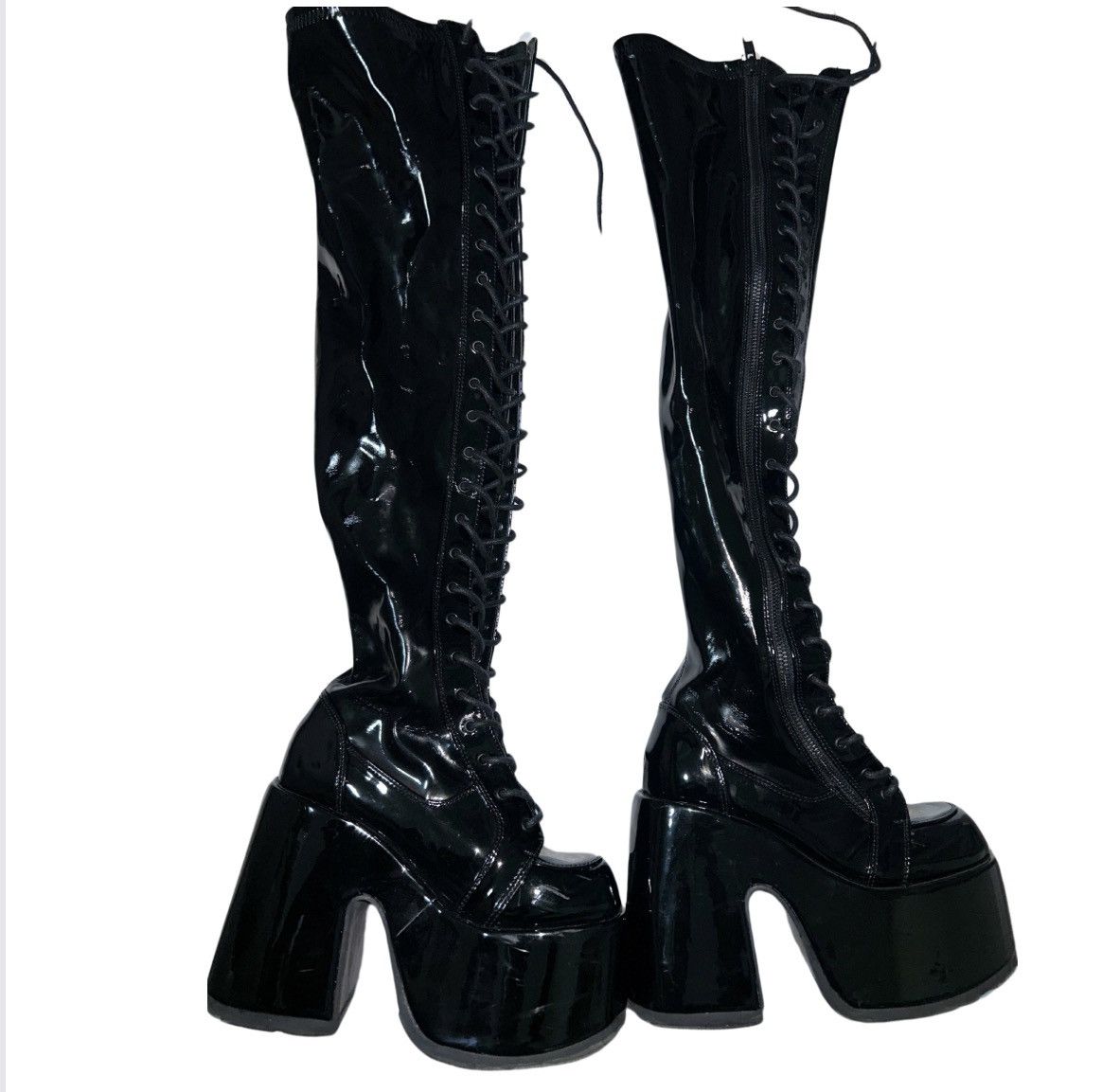 image of Demonia Cult Demonia Thigh High Black Shiny Leather Boots Size 7, Women's