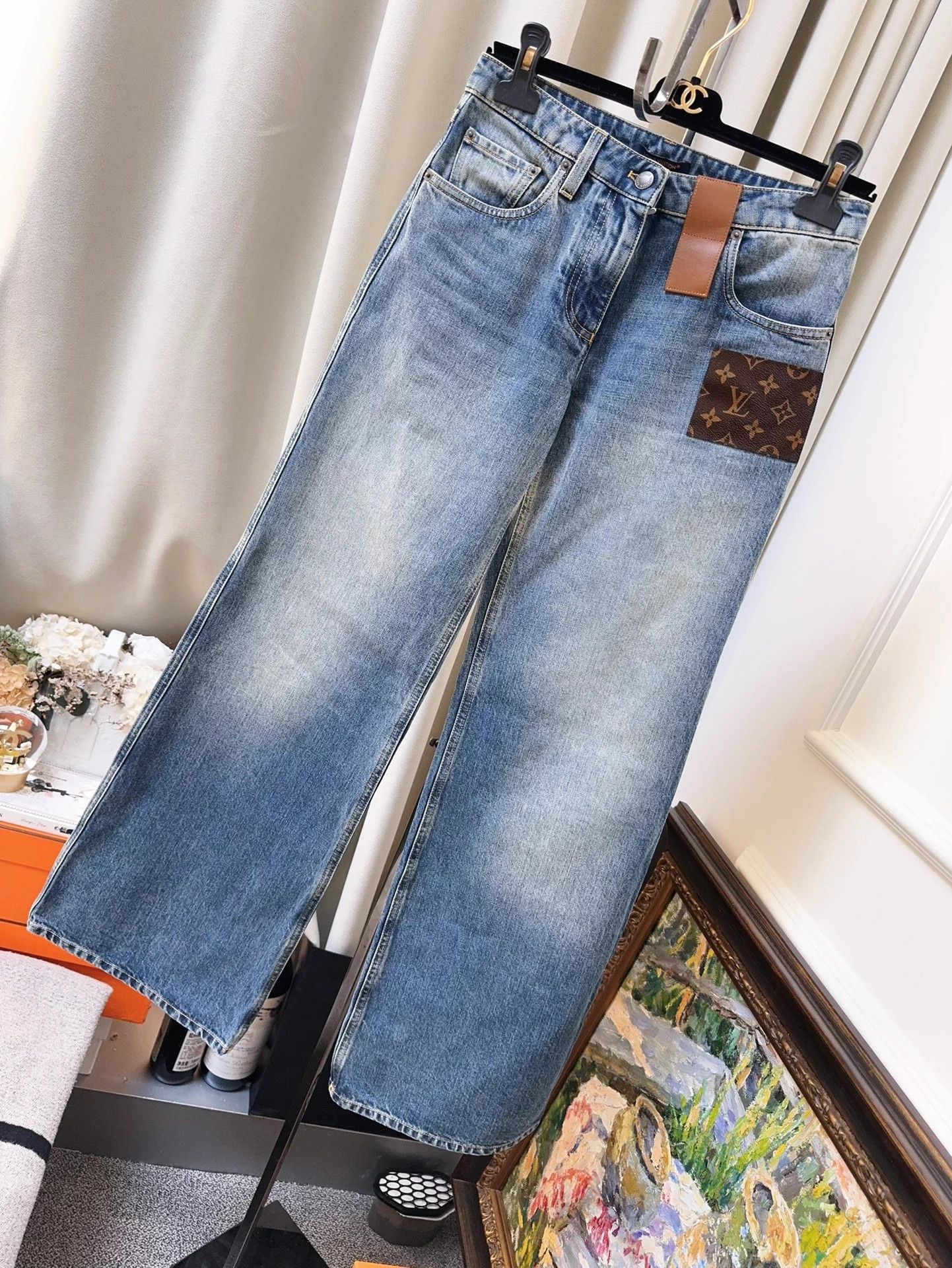 Louis Vuitton LV blue monogram leather tag wide leg jeans 36 Size 26" / US 2 / IT 38 - 1 Thumbnail