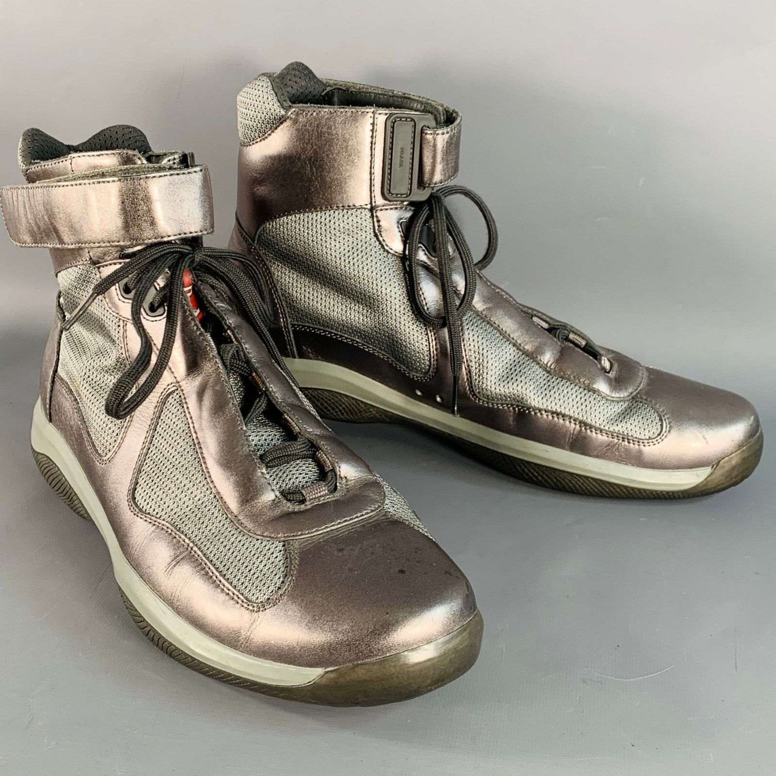 Prada America's Cup Silver Leather Nylon Mesh Ankle Sneakers Size US 10.5 / EU 43-44 - 1 Thumbnail