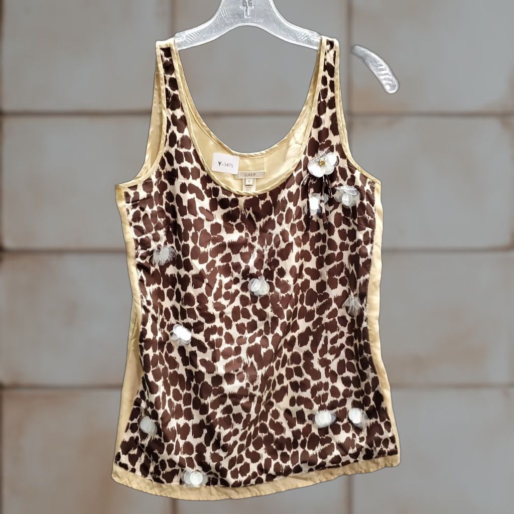 Tank Shirt Women Brown 100% Silk Beaded Cheetah Rosette