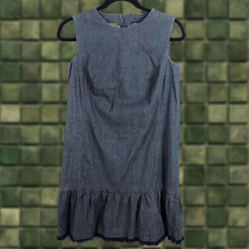 Vintage Akris Punto Dress Womens 10 Blue Denim Stretch Ruffle Raw Hem Shift Knee Length Size L / US 10 / IT 46 - 1 Thumbnail