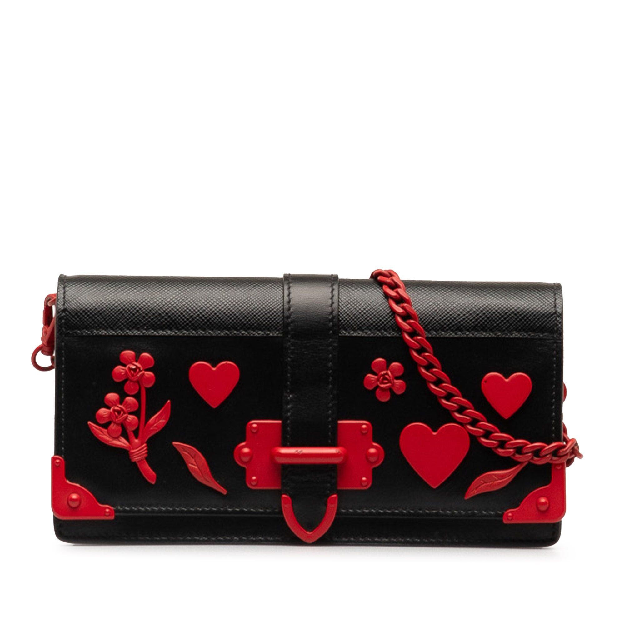 Prada Prada Saffiano City Calf Cahier Heart and Flower Wallet on Chain Black Size ONE SIZE - 1 Thumbnail