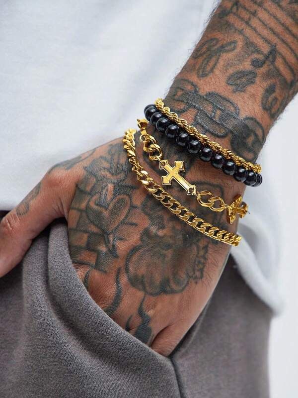 Archival Clothing x Jewelry 4Pc Retropunk/hip Hop Stainless Steel Cross Bead Bracelet in Gold, Men's