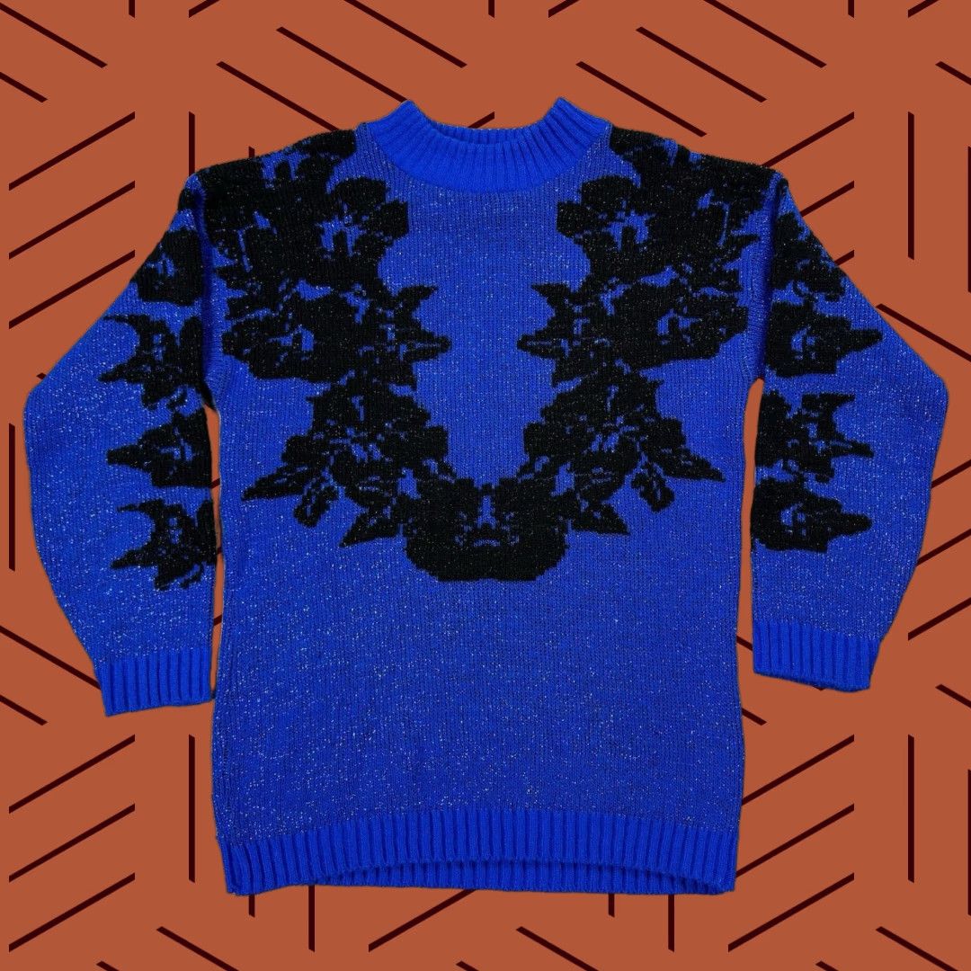 VINTAGE Ellen D Sweater Pullover Long Knit Floral Embroidered 80s Metallic Blue Women L - Knit Crew Neck Heavyweight Relaxed Fit