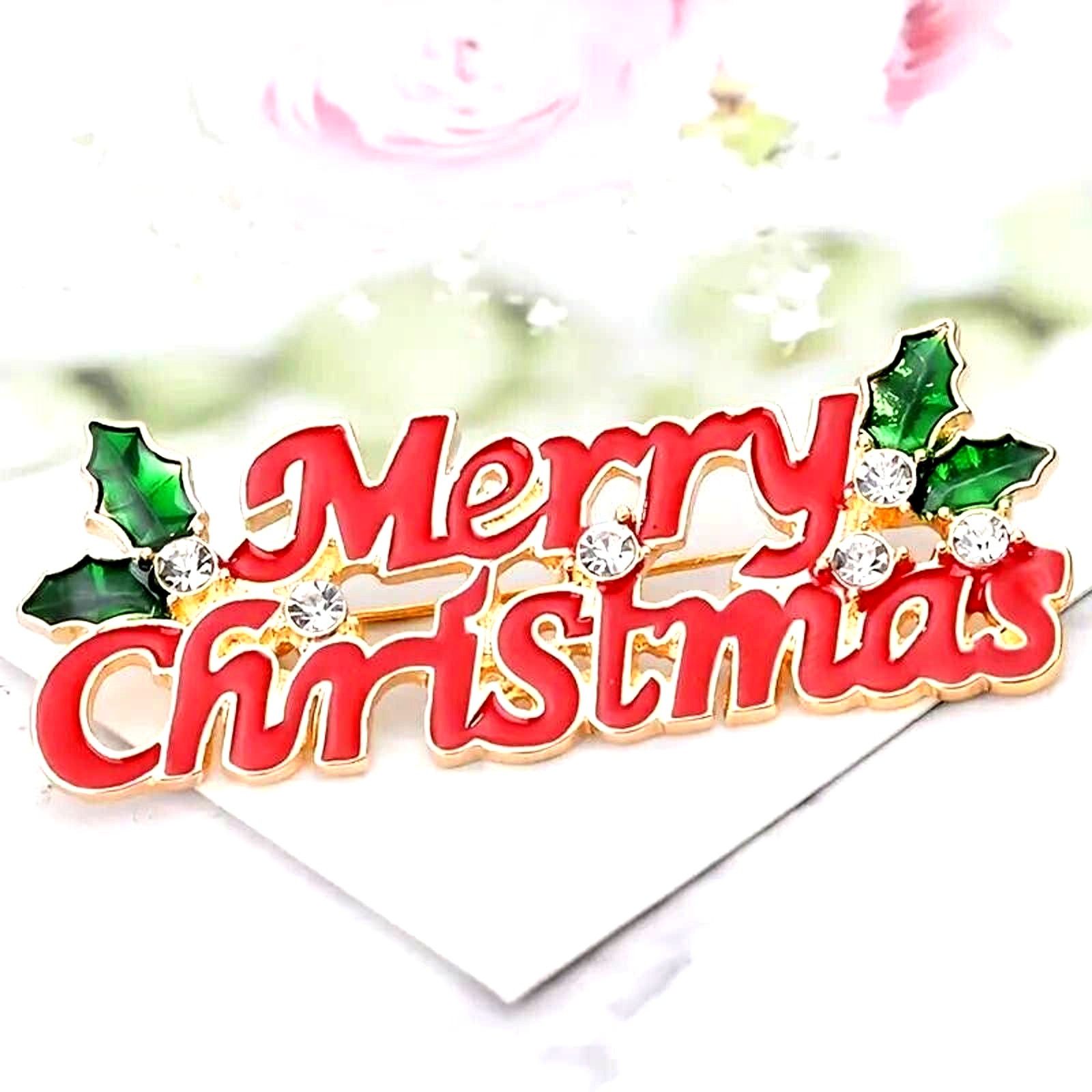 Other Rhinestone Merry Christmas Brooch • Red Green Enamel •1-1/2" Size ONE SIZE - 1 Thumbnail