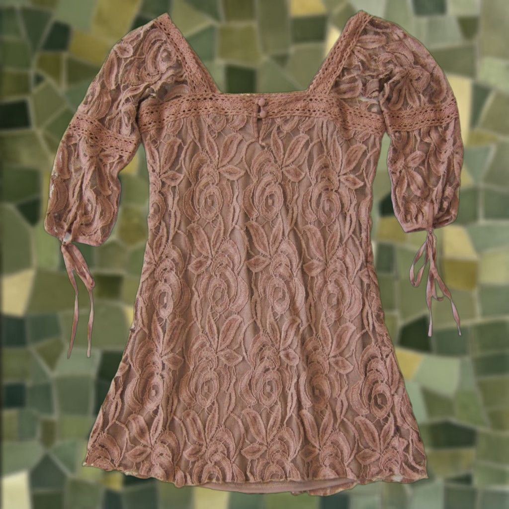 Vintage Solitaire Ravi Khosla Brown Crochet Lace Square Neck 3/4 Sleeve Tunic Dress M Size M / US 6-8 / IT 42-44 - 1 Thumbnail