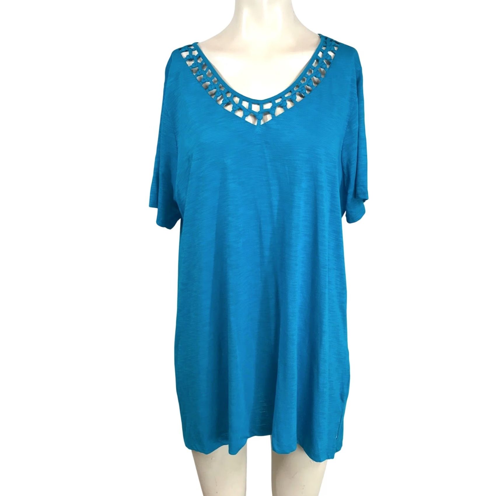 Avenue Avenue Women Teal Blue Lattice V-Neck Tunic Top 14/16 New Size XL / US 12-14 / IT 48-50 - 2 Thumbnail