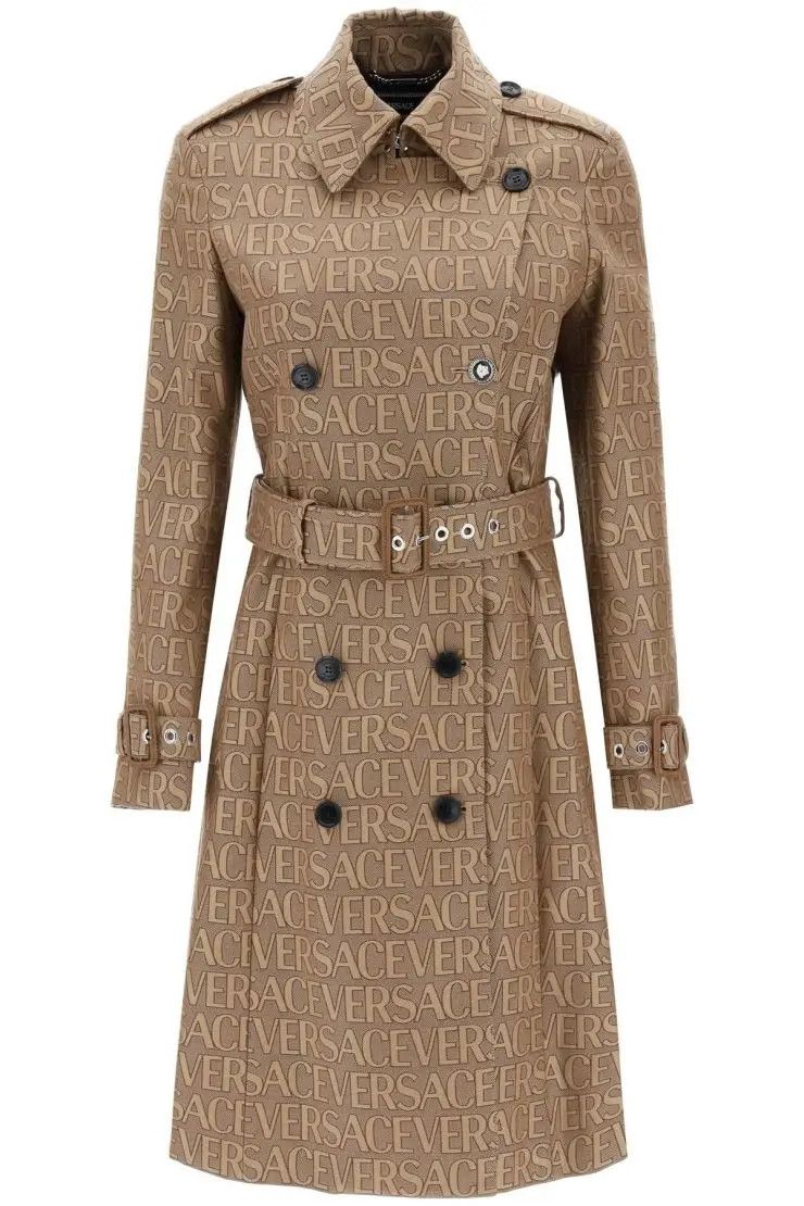 image of Versace O1S22I1N0324 Double-Breasted Trench Coat In Beige, Women's (Size Medium)