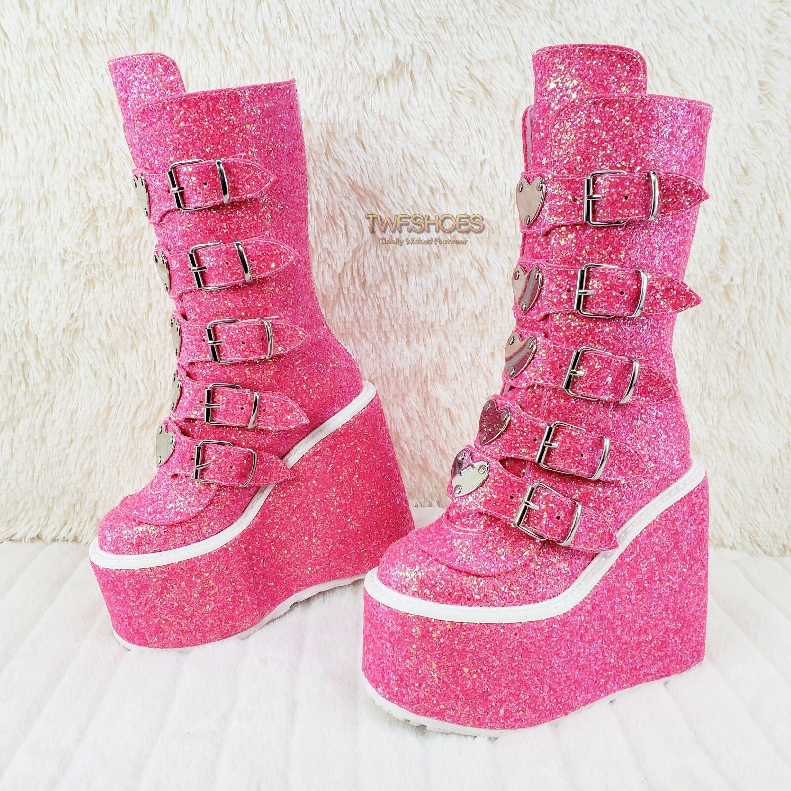 Other Swing 230G Pink Glitter Boot 5.5" Platform Heart Strap Goth Size US 7 / IT 37 - 6 Thumbnail