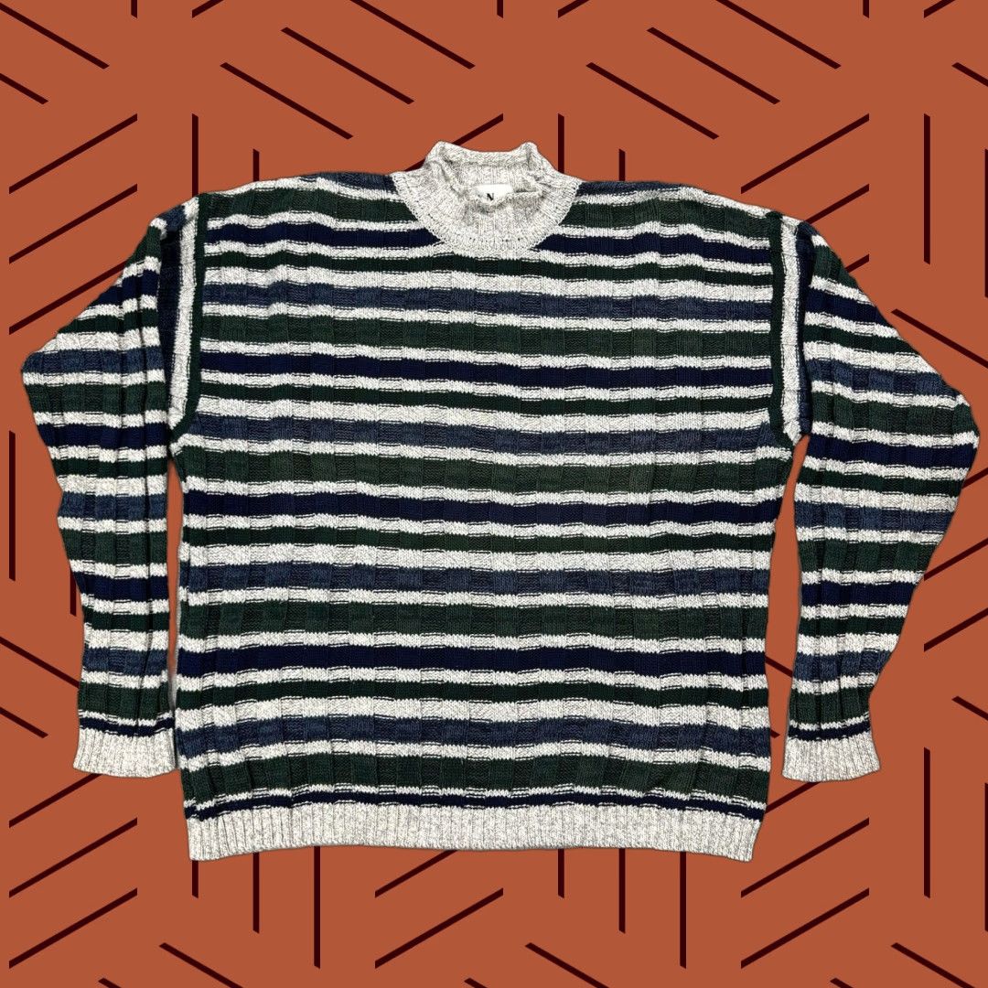Vintage VINTAGE 90s INTERNATIONAL CONCEPTS Men’s Striped Cotton Cable-Knit Roll Neck Sweater L Size US L / EU 52-54 / 3 - 1 Thumbnail