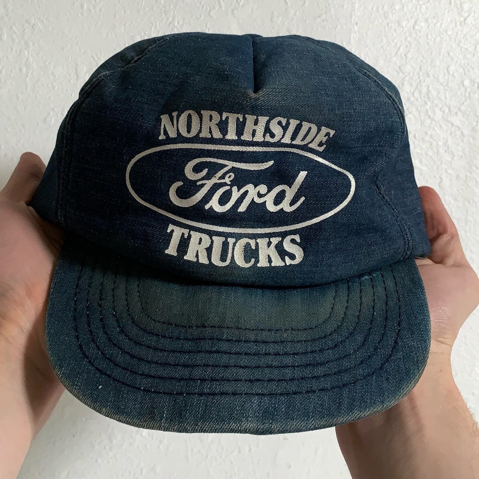 image of Ford Racing x Vintage 80's Ford Usa Faded Navy Retro Foam Trucker Hat Snapback Cap in Blue, Men's