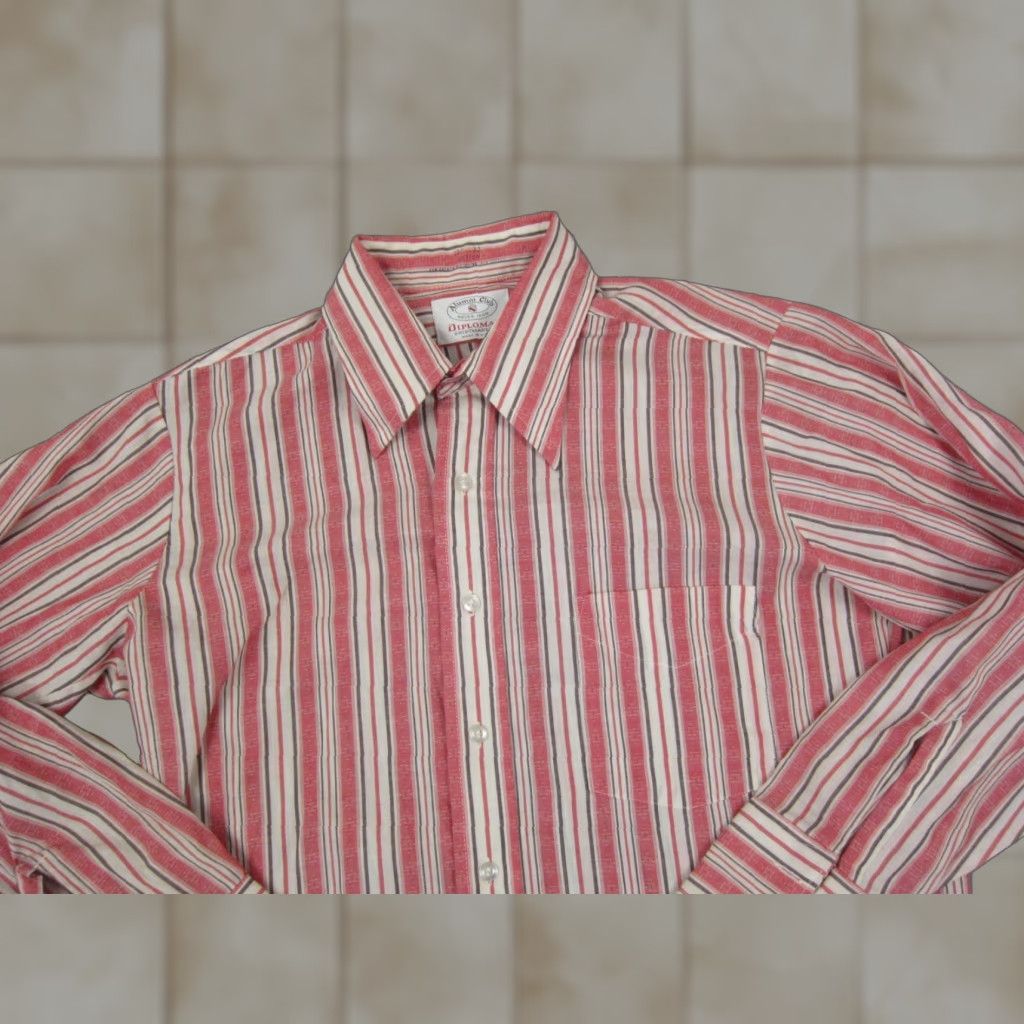 Vintage VINTAGE Alumni Club Shirt Mens 15.5 Red Striped Button-Up Collared Long Sleeve Casual Business Cotton Polyester All Seasons Pockets Made in USA Size US L / EU 52-54 / 3 - 1 Thumbnail