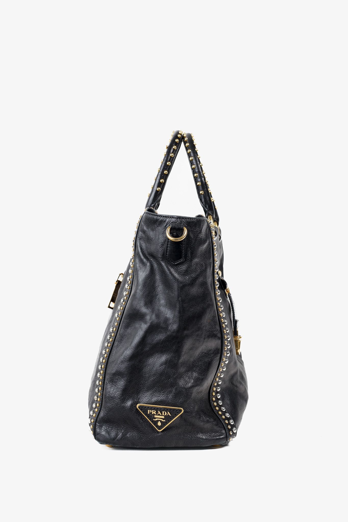 Prada Prada Craquele Nero Glace Calf Leather Studded Shopper Tote Size ONE SIZE - 3 Thumbnail