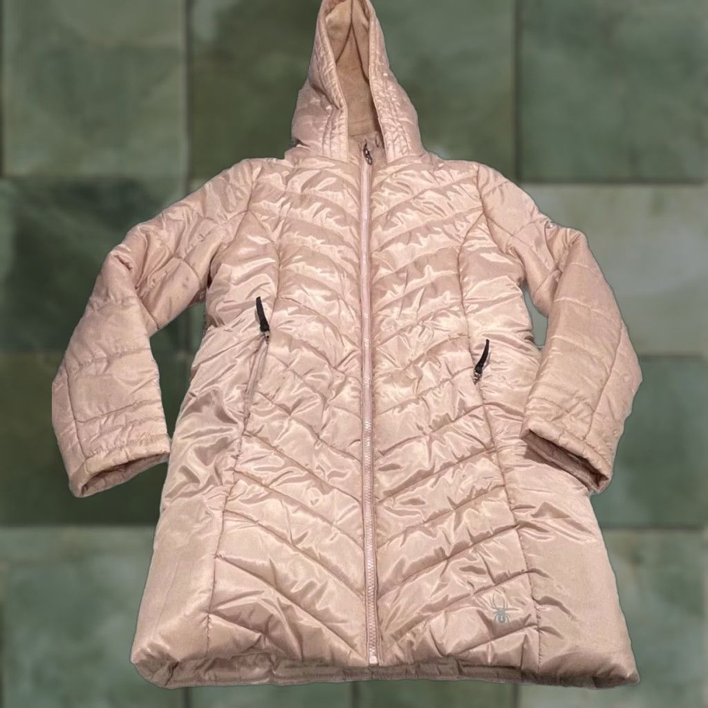 Spyder Boundless Weight Puffer Jacket Women Long Coat XL Pink 16 Winter Ski Outdoor Gorpcore Zip Pocket Repair Needed