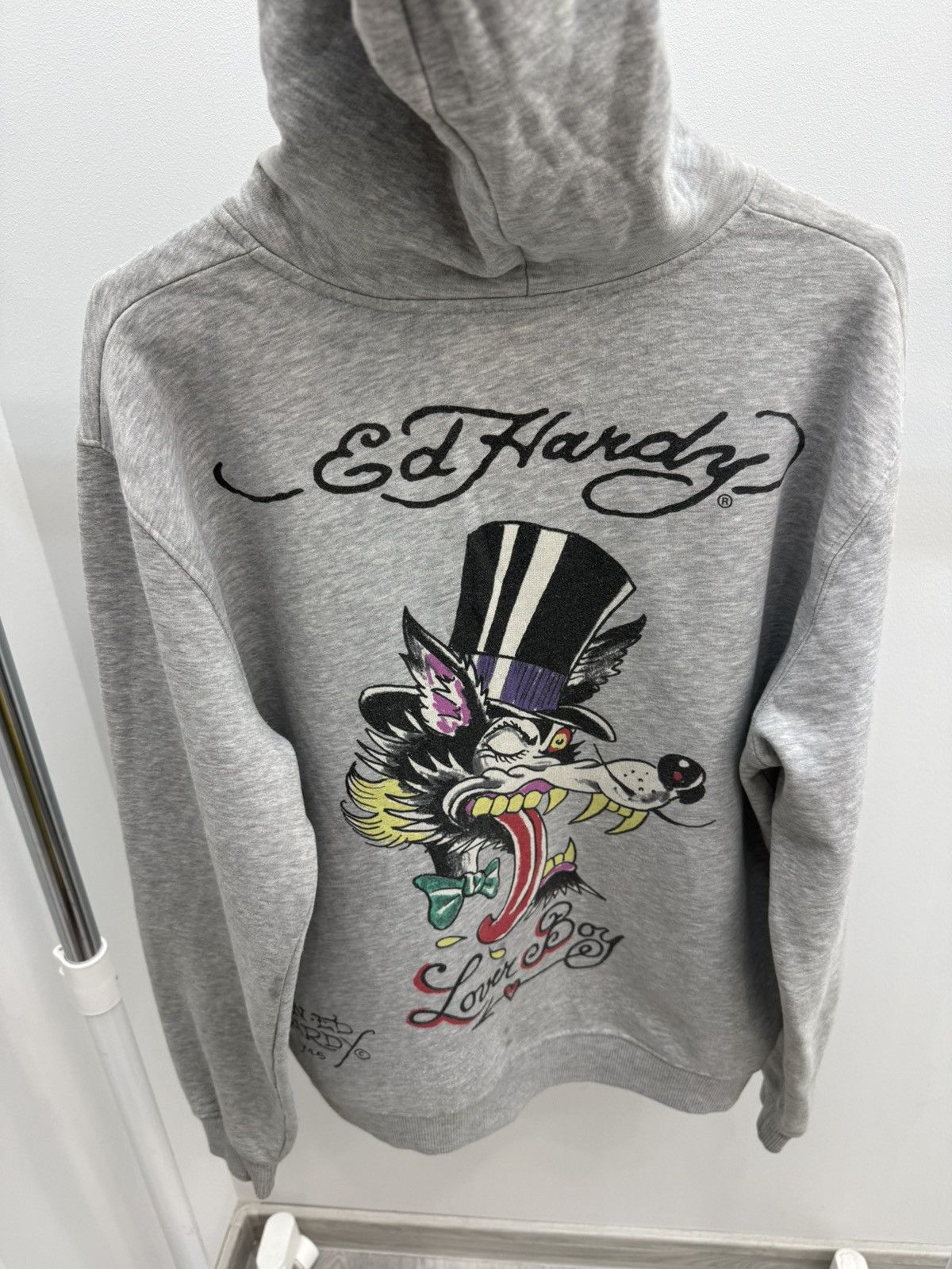 Ed Hardy Vintage Y2K Ed Hardy Fur Embroidered Zip Up Hoodie Red L