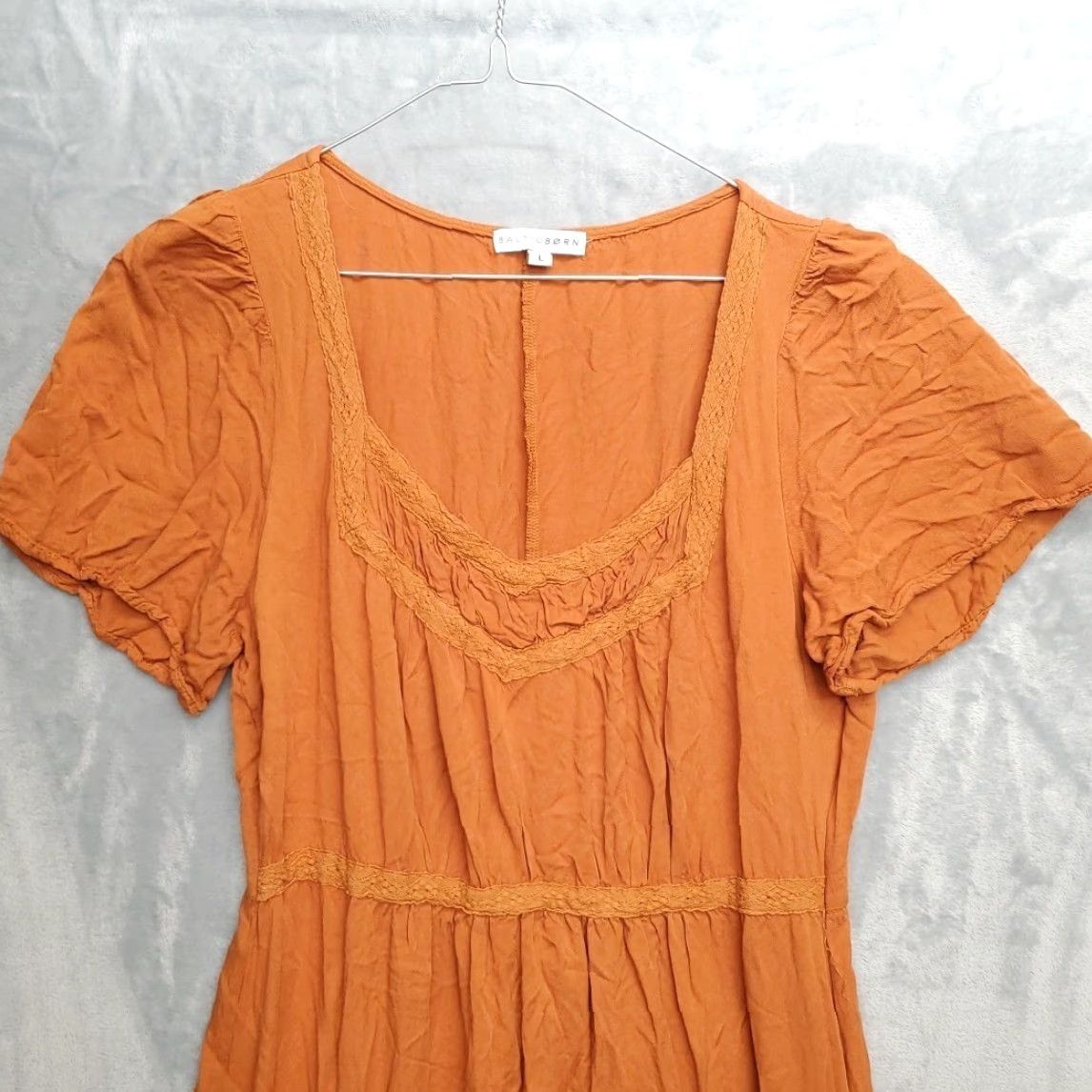 Born Baltic Born Women's Dress L Copper Orange Tiered Lace Trim Midi Rayon Dress Size L / US 10 / IT 46 - 3 Thumbnail