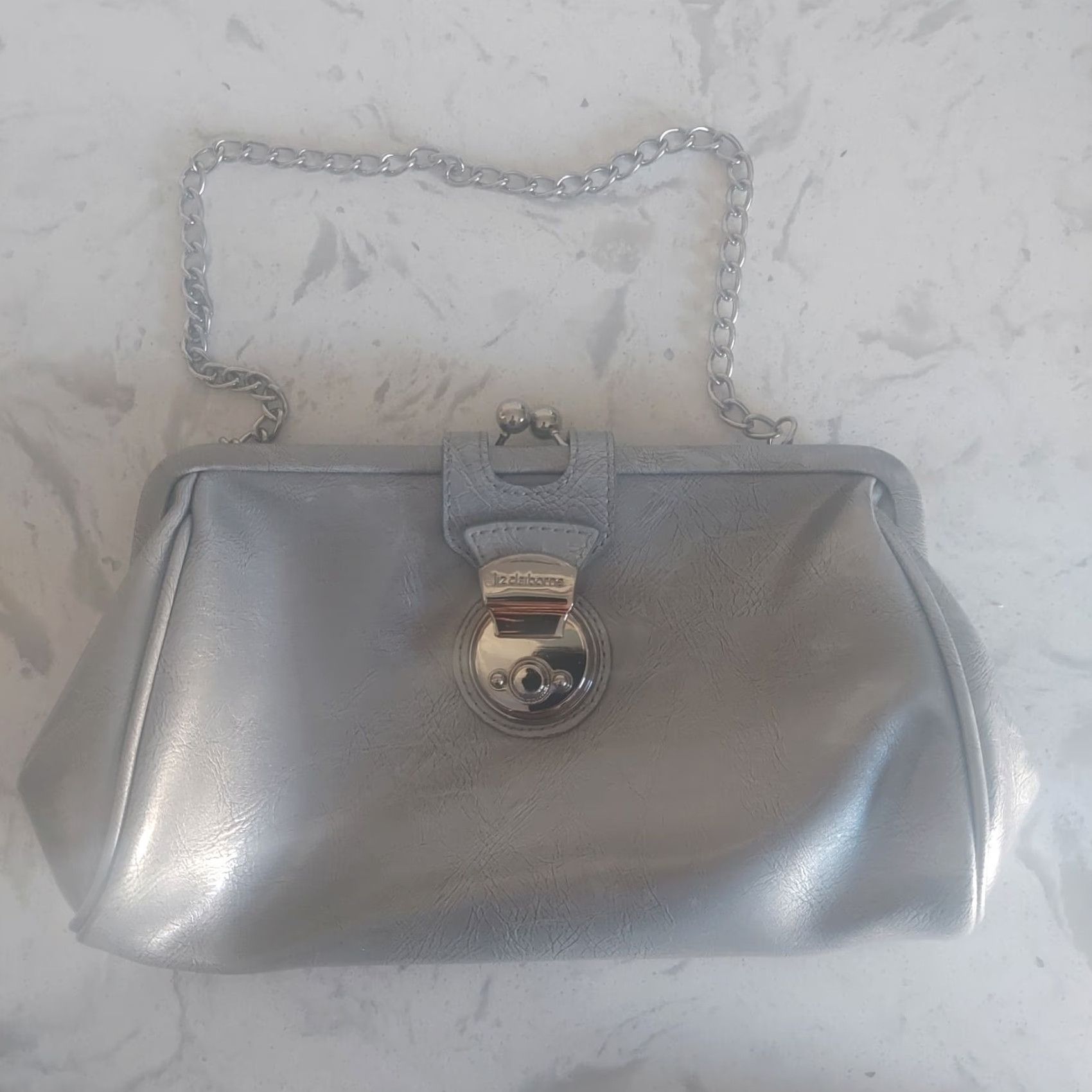 Liz Claiborne Lia Claiborne Women's Purse Silver Grey Patent Leather Snap Closure Chain Handle Small Bag Size ONE SIZE - 2 Thumbnail