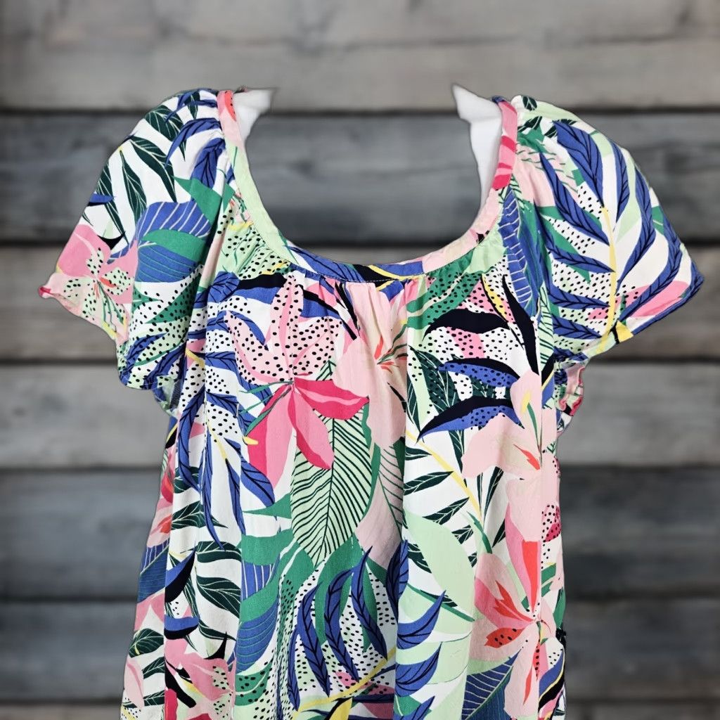 Loft Ann Taylor LOFT Womens Top Sz Large Blue Pink Floral Scoop Neck Cotton Rayon Blouse Shirt Multicolor L Womens Size L / US 10 / IT 46 - 1 Thumbnail