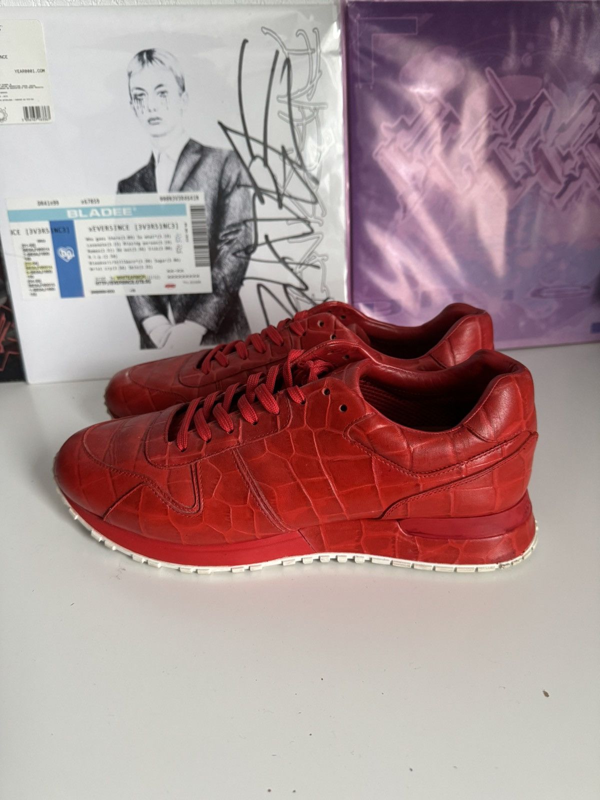 Louis Vuitton Louis Vuitton Red Crocodile Embossed Leather Sneakers Luxury Size US 7.5 / EU 40-41 - 1 Thumbnail