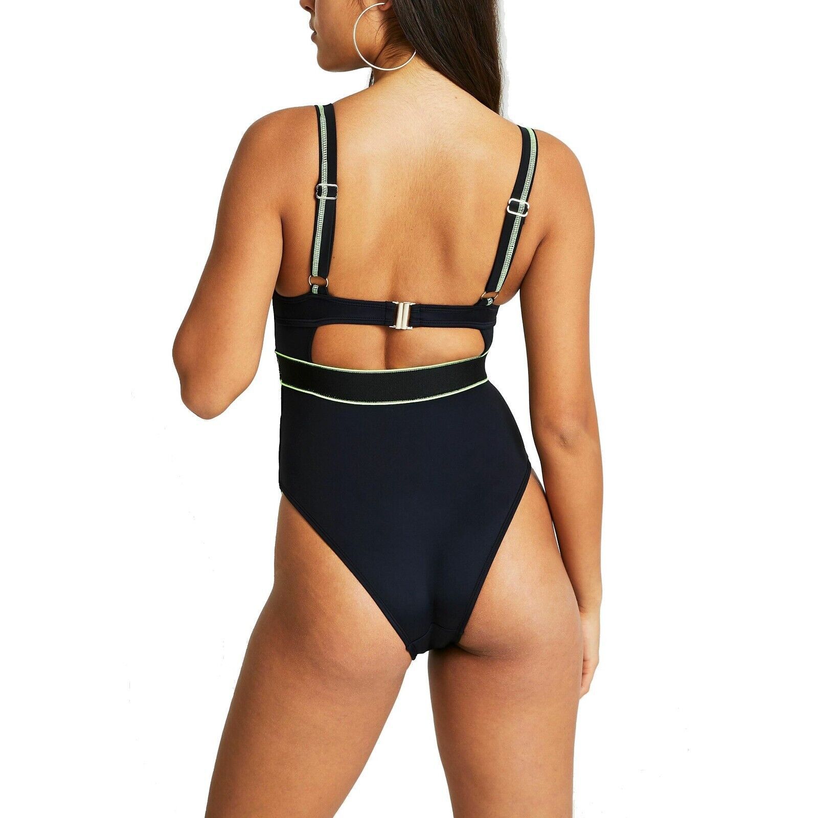 River Island River Island Women Black/Lime Cutout One-Piece Swimsuit US 6 Size ONE SIZE - 2 Thumbnail