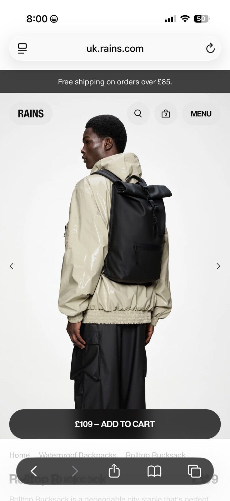 Rains Rains Waterproof Rolltop Rucksack Size ONE SIZE - 4 Thumbnail