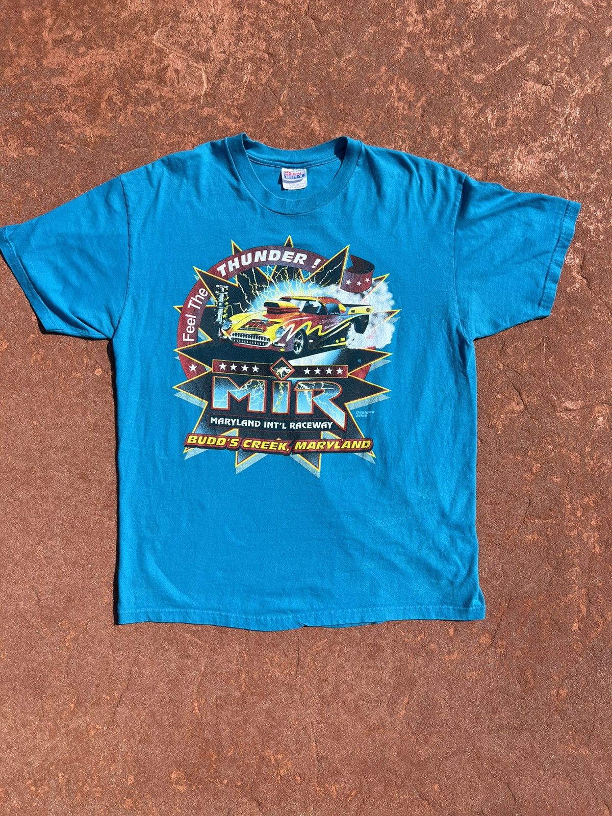 VTG 90s GERMAN HOT ROD RACING TEAM BACK FLOCK PRINT ORANGE T SHIRT S